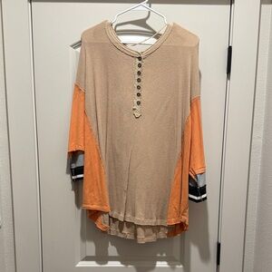 Free People Orange and Tan Button-Up Long Sleeve Top